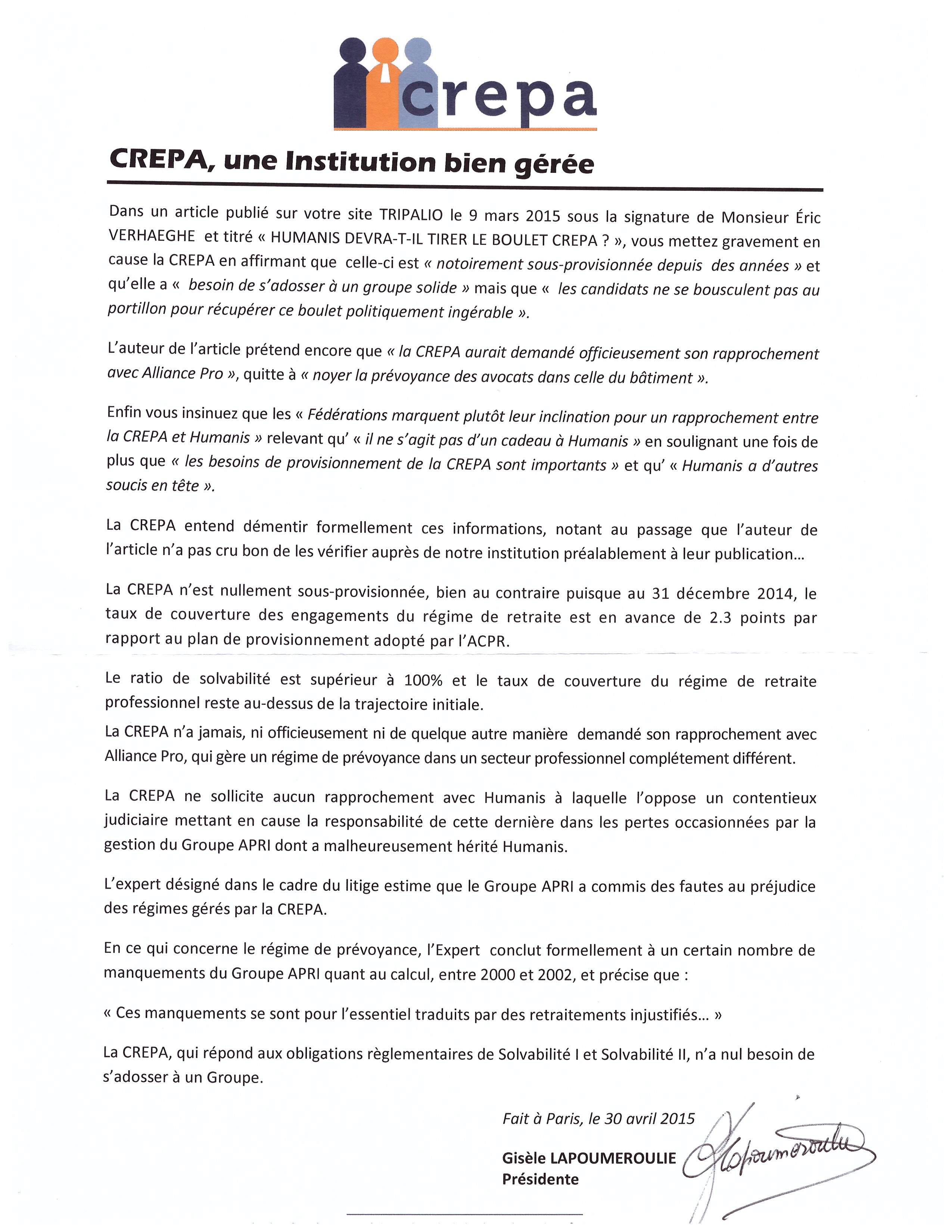 Droit de réponse CREPA
